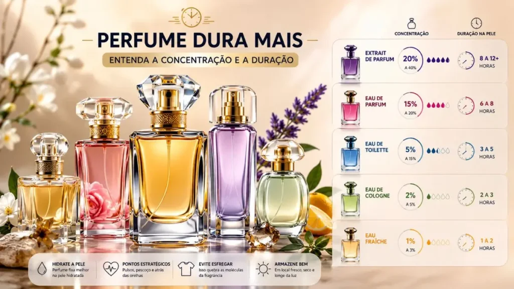 tabela concentração perfume EDT EDP Parfum duração horas