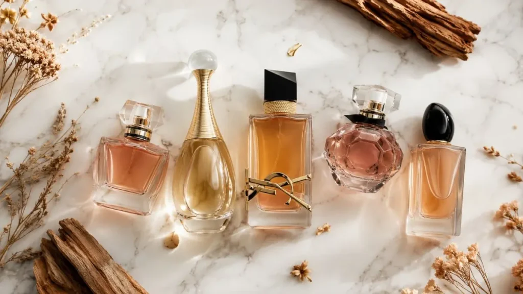 perfumes que fixam o dia inteiro flat lay frascos fragrâncias duradouras