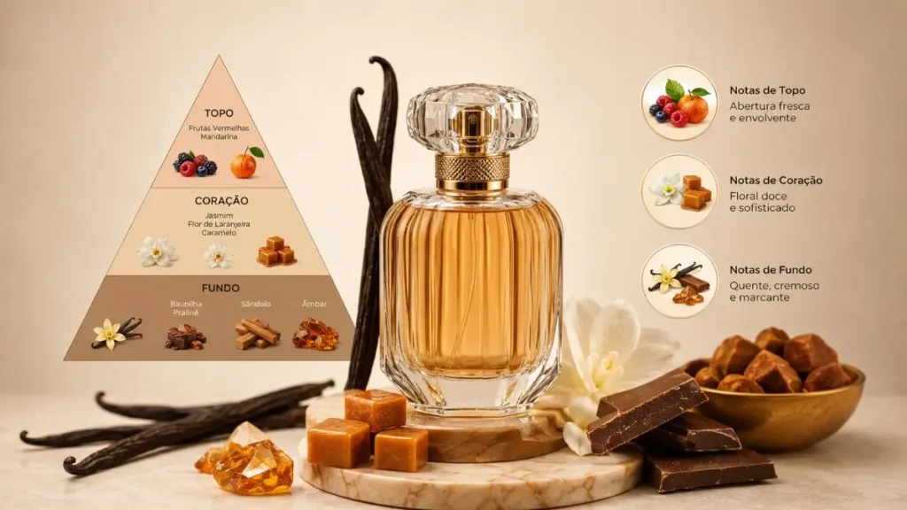 pirâmide olfativa perfume gourmand refinado notas topo coração fundo