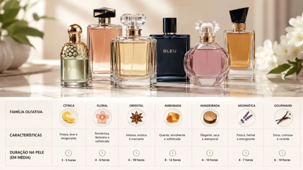 famílias olfativas durabilidade perfume fixação