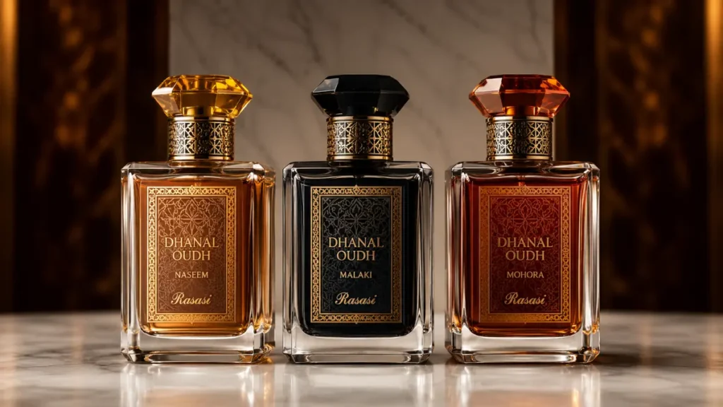 coleção Dhanal Oudh Rasasi perfumes orientais oud