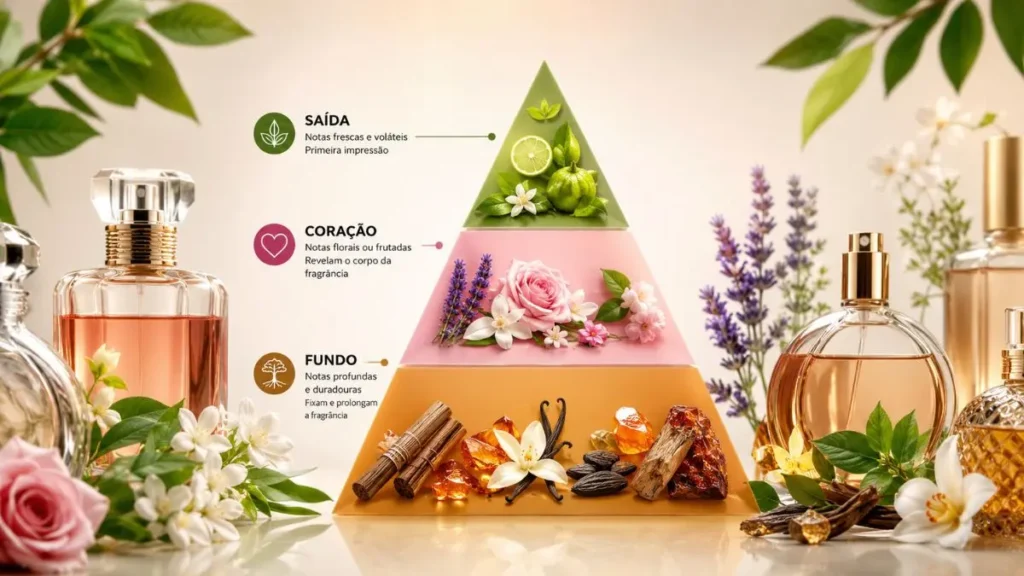 pirâmide olfativa perfume notas saída coração fundo
