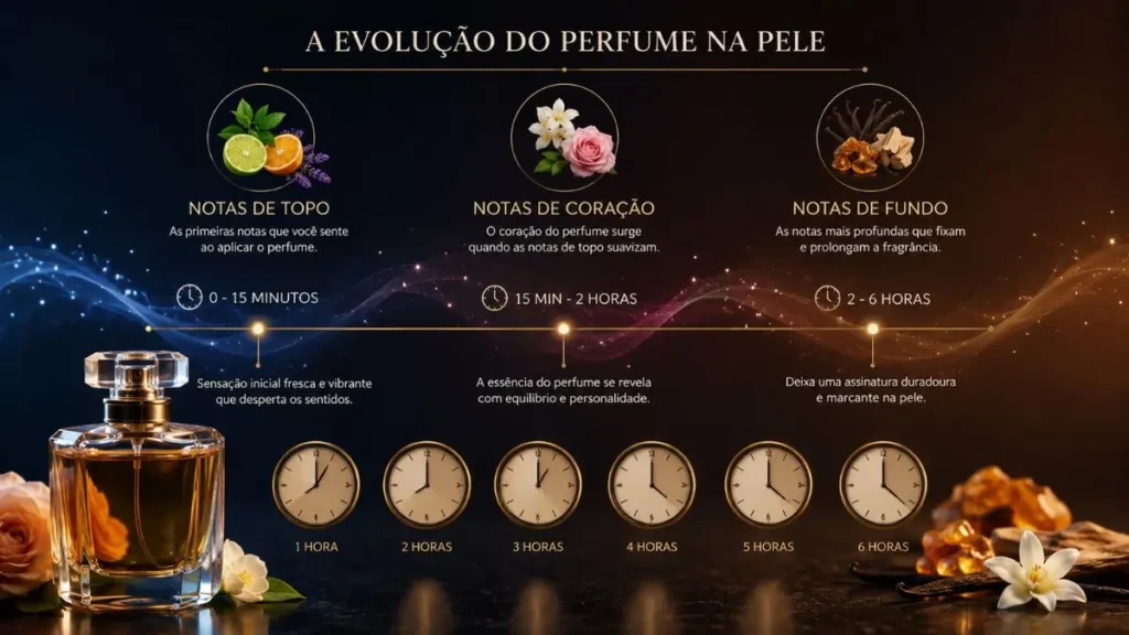 evolução perfume notas topo coração fundo
