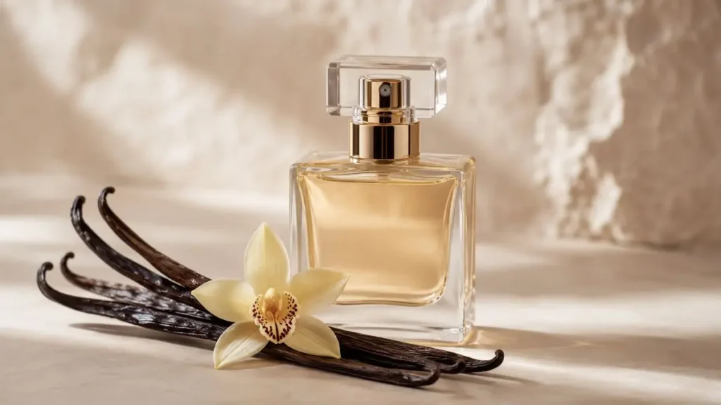 fava de baunilha e frasco de perfume de baunilha