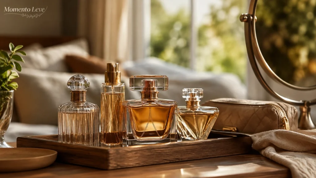 Pequena coleção de perfumes organizada em uma prateleira