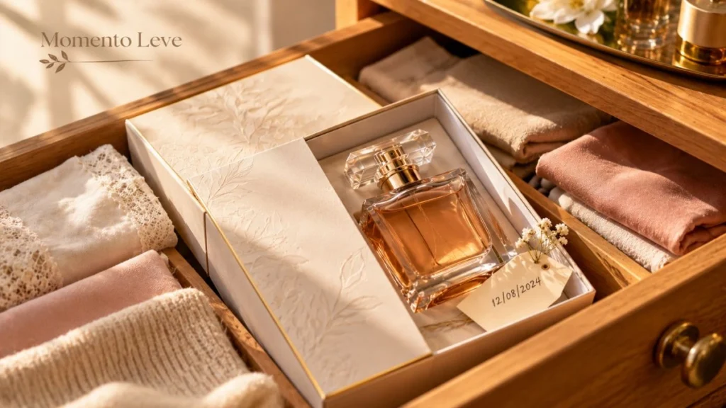 O que é maceração de perfume? Como funciona e vale a pena 3 Frasco de perfume com a caixa guardado em uma gaveta organizada